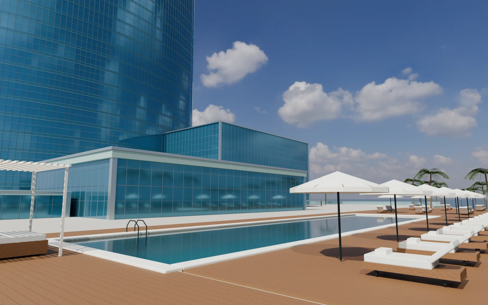3D-Ansicht der Poolterrasse mit Liegen und Sonnenschirmen vor der Glasfassade
